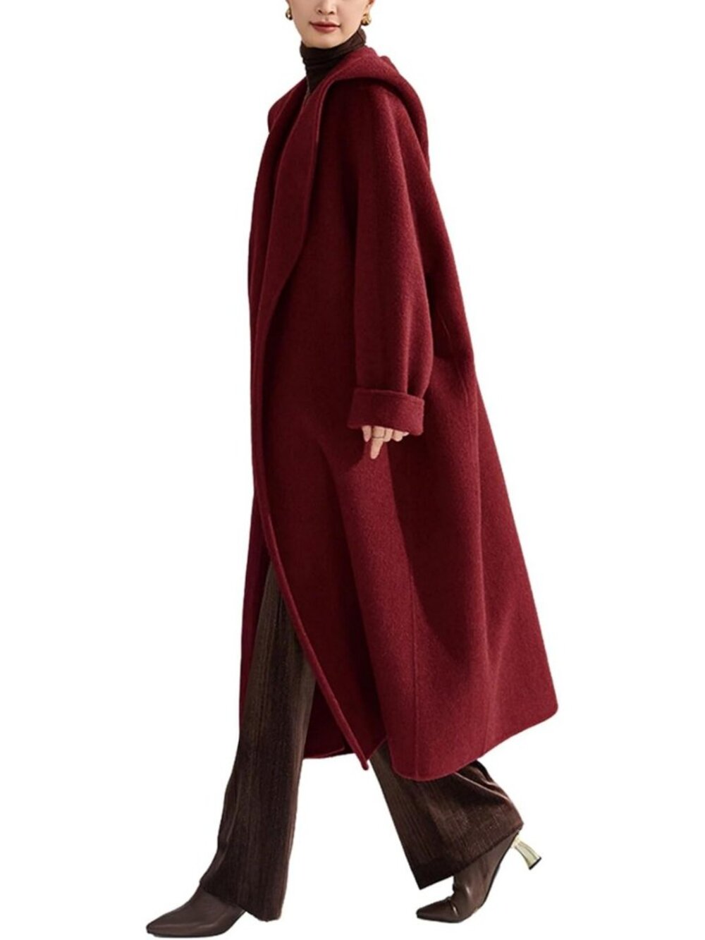 Cozy Women's Winter Wool Trench Coat with Hood, Belted Open Front Style